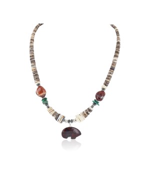 Certified Authentic Bear Navajo .925 Sterling Silver Natural Turquoise Graduated Heishi Red Jasper Hematite Native American Necklace 16090-5