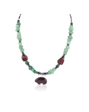 Certified Authentic Bear Navajo .925 Sterling Silver Natural Turquoise Jade Red Jasper Hematite Native American Necklace 16090-3