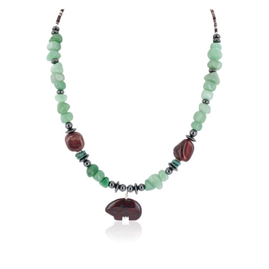 Certified Authentic Bear Navajo .925 Sterling Silver Natural Turquoise Jade Red Jasper Hematite Native American Necklace 16090-3