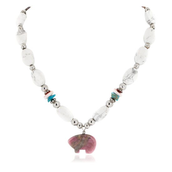 Certified Authentic Bear Navajo .925 Sterling Silver Natural Turquoise Spiny Oyster and Charoite Native American Necklace 15204