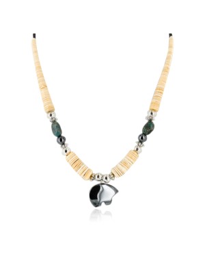 Certified Authentic Bear Navajo Native .925 Sterling Silver Graduated Heishi Turquoise and Hematite Native American Necklace 25245