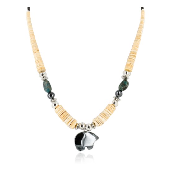 Certified Authentic Bear Navajo Native .925 Sterling Silver Graduated Heishi Turquoise and Hematite Native American Necklace 25245