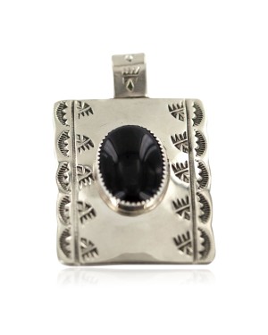 Certified Authentic Bear Paw Handmade Navajo Natural Black Onyx Native American Nickel Pendant  94006-1