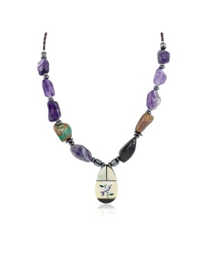 Certified Authentic Bird Inlay Navajo .925 Sterling Silver Natural Turquoise Amethyst Mother of Pearl Hematite Native American Necklace 16092-4