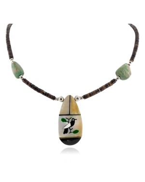 Certified Authentic Bird Inlay Navajo .925 Sterling Silver Natural Turquoise Mother of Pearl Heishi Native American Necklace 15213-281