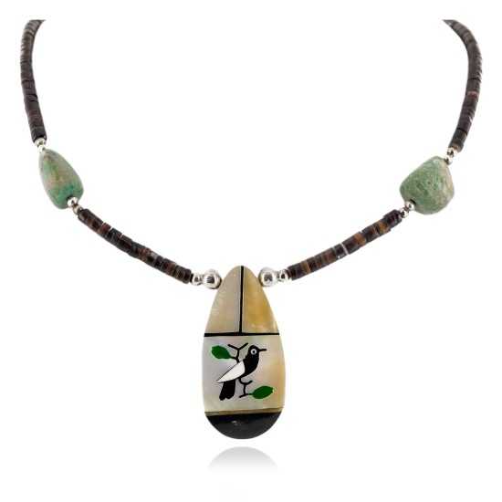 Certified Authentic Bird Inlay Navajo .925 Sterling Silver Natural Turquoise Mother of Pearl Heishi Native American Necklace 15213-281 Certified Authentic Bird Inlay Navajo .925 Sterling Silver Natural Turquoise Mother of Pearl Heishi Native American Necklace 15213-281