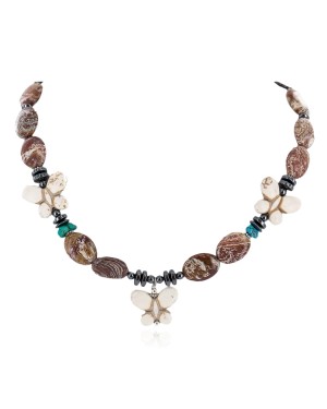 Certified Authentic Butterfly Navajo .925 Sterling Silver Natural Turquoise Jasper Hematite Wood Native American Necklace 750199-9