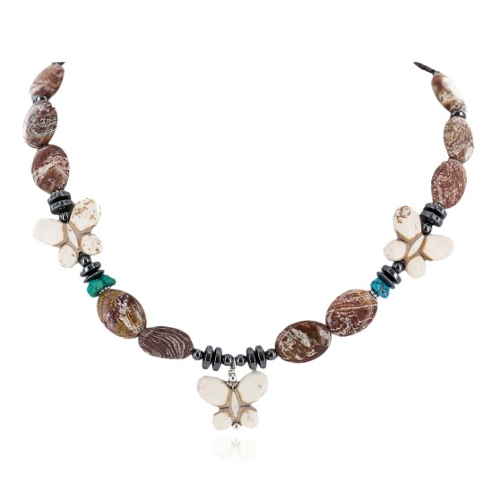 Certified Authentic Butterfly Navajo .925 Sterling Silver Natural Turquoise Jasper Hematite Wood Native American Necklace 750199-9