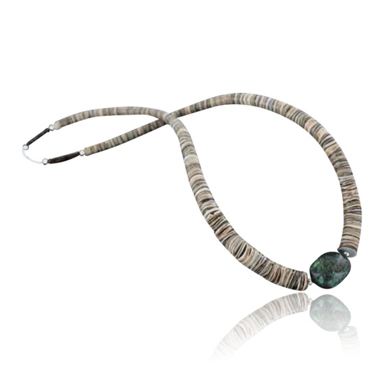 Certified Authentic C. Navajo .925 Sterling Silver Graduated Melon Shell and Turquoise Native American Necklace 15213-26