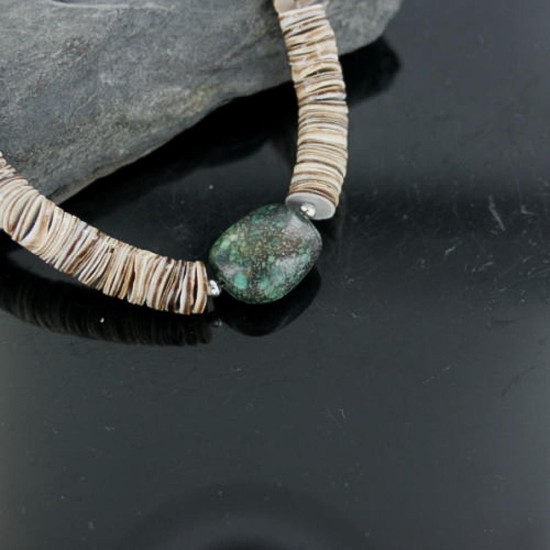 Certified Authentic C. Navajo .925 Sterling Silver Graduated Melon Shell and Turquoise Native American Necklace 15213-26