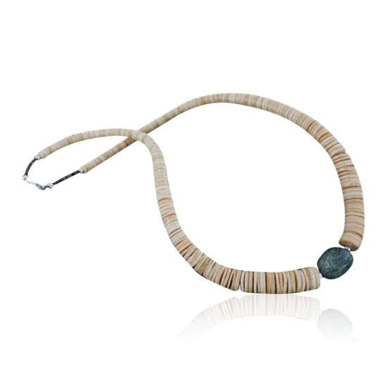 Certified Authentic C. Navajo .925 Sterling Silver Graduated Melon Shell and Turquoise Native American Necklace 15213-61