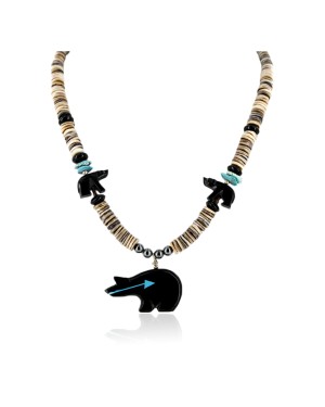 Certified Authentic Carved Bear Navajo .925 Sterling Silver Graduated Heishi Turquoise Black Onyx and Hematite Native American Necklace 25226-1