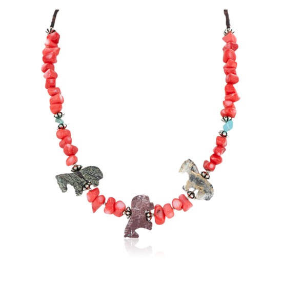 Certified Authentic Carved Horse Navajo .925 Sterling Silver Natural Turquoise Coral Jasper Native American Necklace 34061
