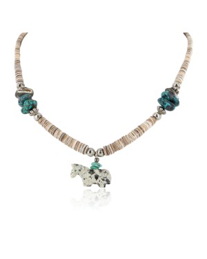 Certified Authentic Carved Horse Navajo .925 Sterling Silver Natural Turquoise Graduated Melon Shell Jasper Native American Necklace 15778-37