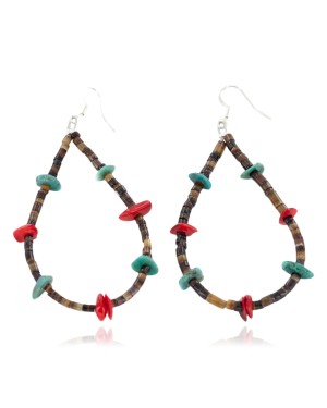Certified Authentic Dangle .925 Sterling Silver Hooks Natural Turquoise Heishi Coral Hoop Native American Dangle Earrings 18013-30