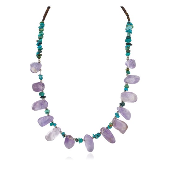 Certified Authentic Drop Navajo .925 Sterling Silver Natural Turquoise Amethyst Native American Necklace 15213-51