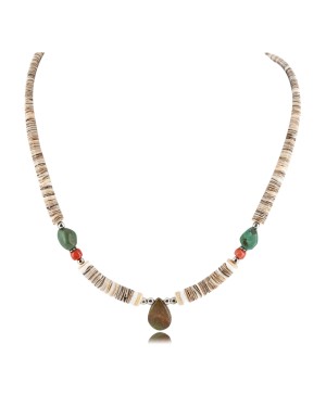Certified Authentic Drop Navajo .925 Sterling Silver Natural Turquoise Coral Graduated Heishi Native American Necklace 15958-11