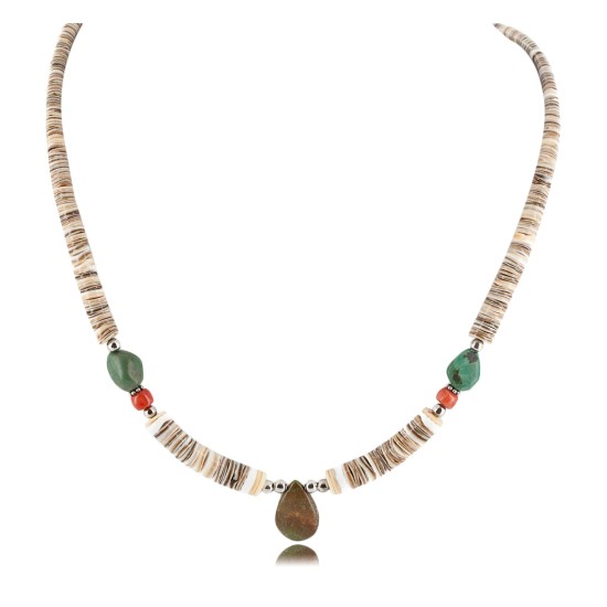 Certified Authentic Drop Navajo .925 Sterling Silver Natural Turquoise Coral Graduated Heishi Native American Necklace 15958-11