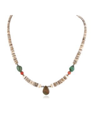Certified Authentic Drop Navajo .925 Sterling Silver Natural Turquoise Graduated Melon Shell Native American Necklace 15778-11