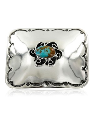 Certified Authentic Flower Handmade Navajo Nickel Natural Turquoise Native American Buckle 1204-3