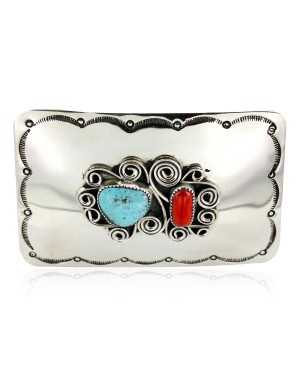 Certified Authentic Flower Navajo Nickel Natural Turquoise and Coral Native American Buckle 1192-2
