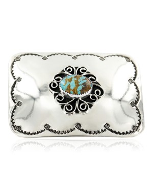 Certified Authentic Flower Navajo Nickel Natural Turquoise Native American Buckle 1204-2