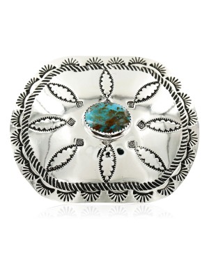 Certified Authentic Flower Navajo Nickel Natural Turquoise Native American Buckle 1204