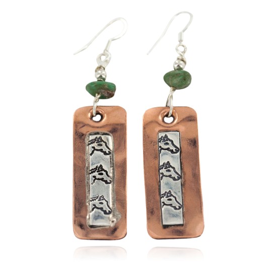 Certified Authentic Handmade .925 Sterling Silver Hooks Navajo Horse Natural Turquoise Native American Pure Copper Dangle Earrings 18210-2