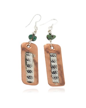 Certified Authentic Handmade .925 Sterling Silver Hooks Navajo Natural Turquoise Native American Pure Copper Dangle Earrings 18210-7