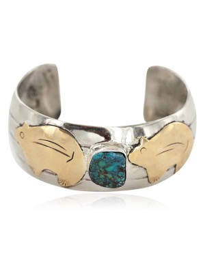 Certified Authentic Handmade Bear Nickel Brass Natural Spiderweb Turquoise Navajo Native American Bracelet 13164