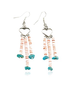 Certified Authentic Handmade Heart Navajo .925 Sterling Silver Dangle Native American Earrings Natural Turquoise Heishi 18024