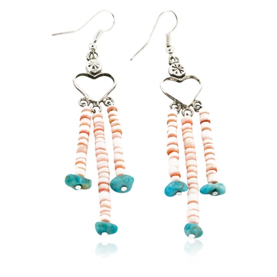 Certified Authentic Handmade Heart Navajo .925 Sterling Silver Dangle Native American Earrings Natural Turquoise Heishi 18024