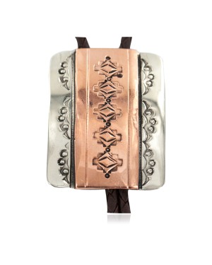 Certified Authentic Handmade Leather Navajo Pure Copper and Nickel Native American Bolo Tie 24489-6