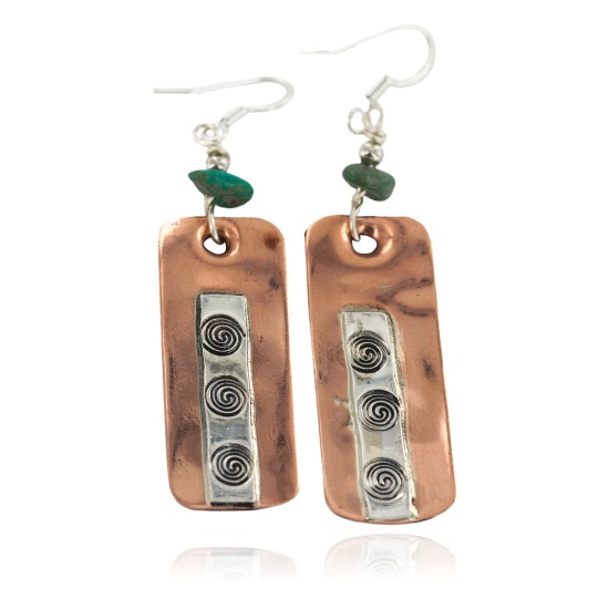 Certified Authentic Handmade Maze .925 Sterling Silver Hooks Navajo Natural Turquoise Native American Pure Copper Dangle Earrings 18210-4