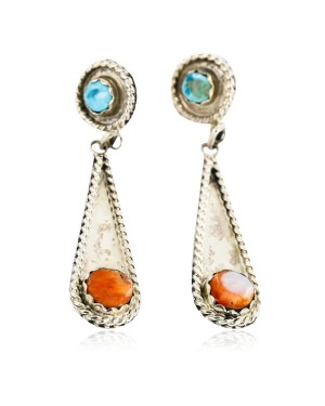 Certified Authentic Handmade Navajo .925 Sterling Silver Dangle Native American Earrings Natural Turquoise Spiny Oyster 17338