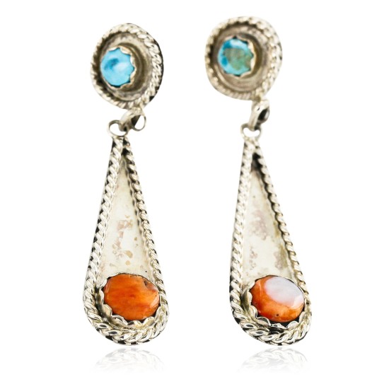 Certified Authentic Handmade Navajo .925 Sterling Silver Dangle Native American Earrings Natural Turquoise Spiny Oyster 17338