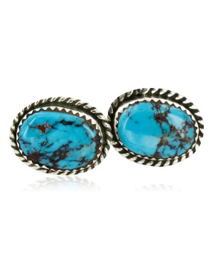 Certified Authentic Handmade Navajo .925 Sterling Silver Hooks Stud Native American Earrings Natural Turquoise 24391-4