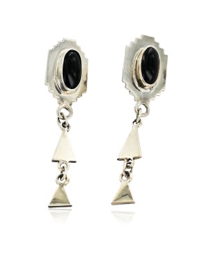 Certified Authentic Handmade Navajo .925 Sterling Silver Native American Natural Black Onyx Post Earrings 27115