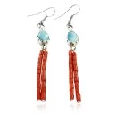Handmade Navajo .925 Sterling Silver Native American Natural Turquoise and Coral Dangle Earrings 27116