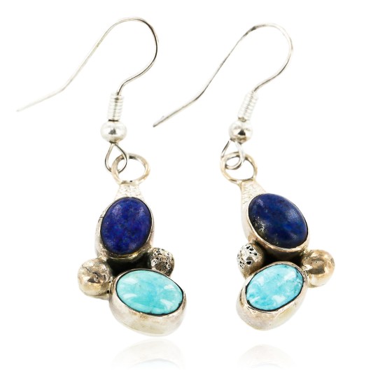 Certified Authentic Handmade Navajo .925 Sterling Silver Native American Natural Turquoise Lapis Dangle Earrings 27117