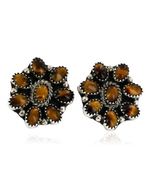 Certified Authentic Handmade Navajo .925 Sterling Silver Natural Tigers Eye Clip Native American Earrings 17789