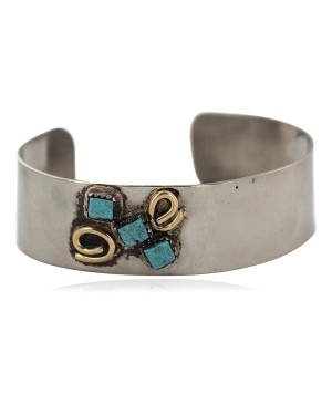 Certified Authentic Handmade Navajo Brass Natural Turquoise Native American Nickel Bracelet  92019-1