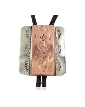 Certified Authentic Handmade Navajo Leather Pure Copper and Nickel Native American Bolo Tie 24489-1