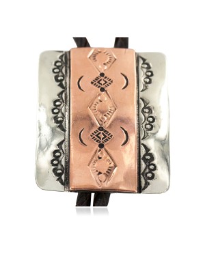 Certified Authentic Handmade Navajo Leather Pure Copper and Nickel Native American Bolo Tie 24489-2