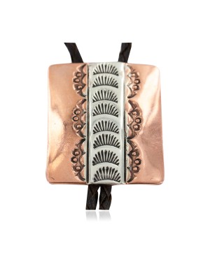 Certified Authentic Handmade Navajo Leather Pure Copper and Nickel Native American Bolo Tie 24489-3
