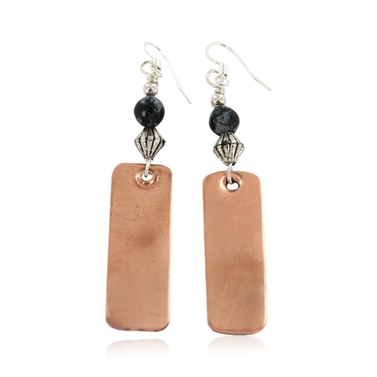 Certified Authentic Handmade Navajo Natural Snowflakes Obsidian Native American Pure Copper Dangle Earrings 18211-4