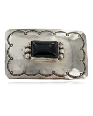 Certified Authentic Handmade Navajo Nickel Natural Black Onyx Native American Buckle 1219-2