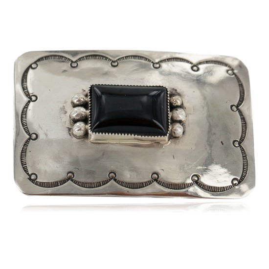 Certified Authentic Handmade Navajo Nickel Natural Black Onyx Native American Buckle 1219-2