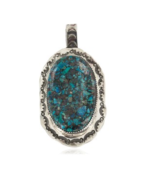 Certified Authentic Handmade Navajo Nickel Natural Chips Inlaid Turquoise Native American Pendant 17088