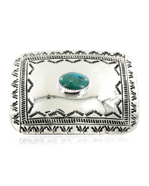 Certified Authentic Handmade Navajo Nickel Natural Turquoise Native American Buckle 1204-1